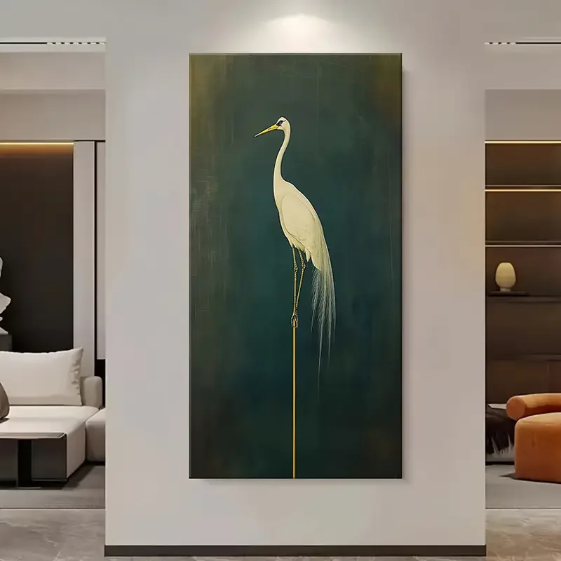 1pc (No frame),2D Flat, Large 70x140cm (27.55x55.12in) Unframed Canvas Wall Art - White Egret on Deep Green Background, Modern C
