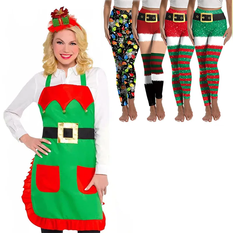 Delantal de tela de elfo de Navidad para adolescentes y adultos, pantalones ajustados a rayas, disfraz de ayudantes de Papá Noel, vestido elegante para fiesta de Navidad, 2024