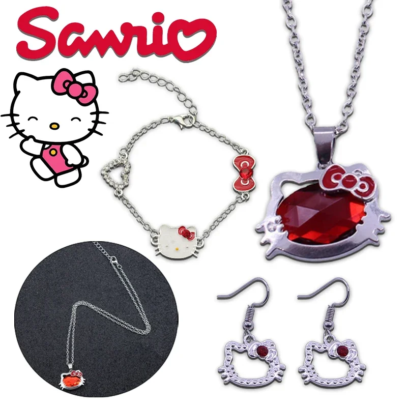 Sanrio Hello Kitty Necklaces Alloys Bracelets Earrings Girls Cartoon Cute Red Rhinestone Jewelry Sets for Women Christmas Gifts