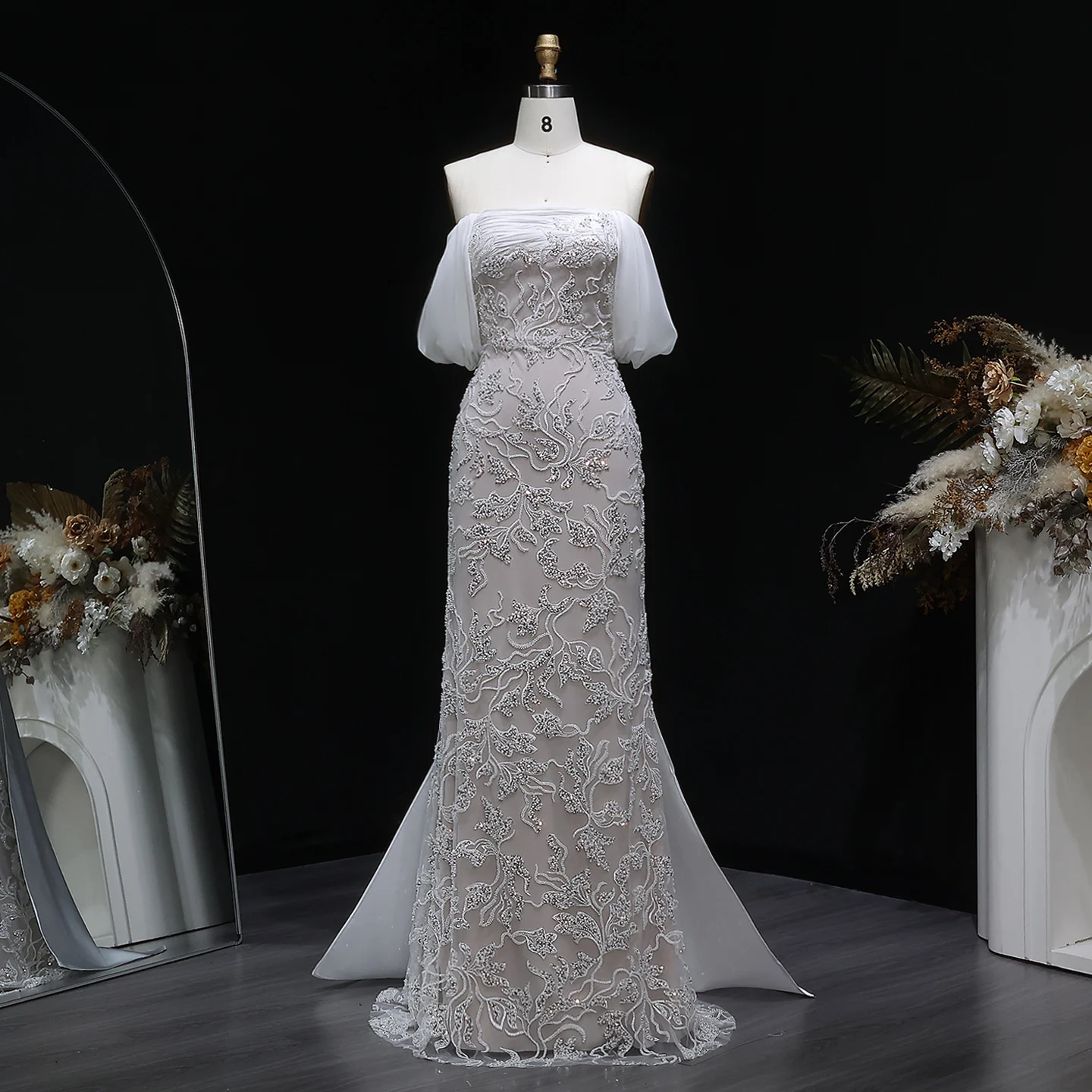 Sharon Said Elegantes Schulterfreies Abendkleid Meerjungfrau Perlenbesetztes Rückenfreies Ballkleid für Hochzeitsfeier SS622 Maßanfertigung – Detail 7