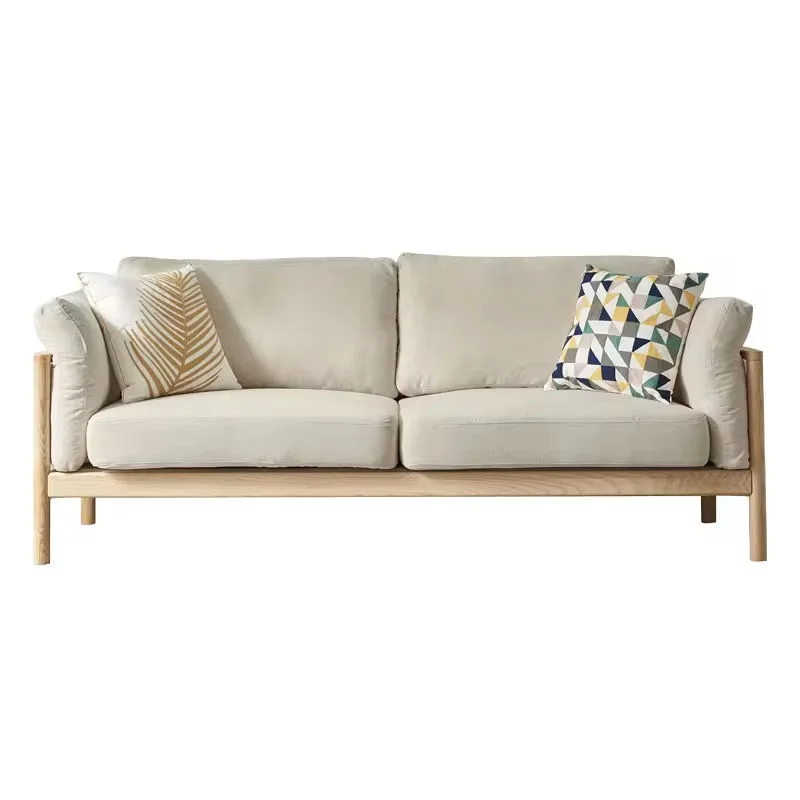 *Japanese Beige Deep Seat Fabric Upholstery Small 2 Seaters Loveseat Wood Base Sofa Couch Chair for Home Living Room