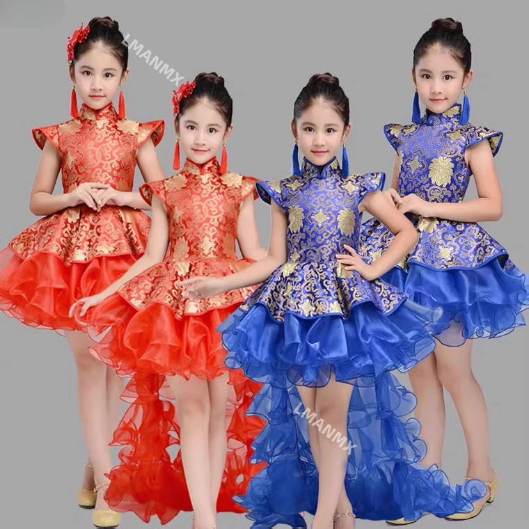 New Year's Day children's Guzheng performance costume, girls' princess dress, red Chinese style choir performance costume