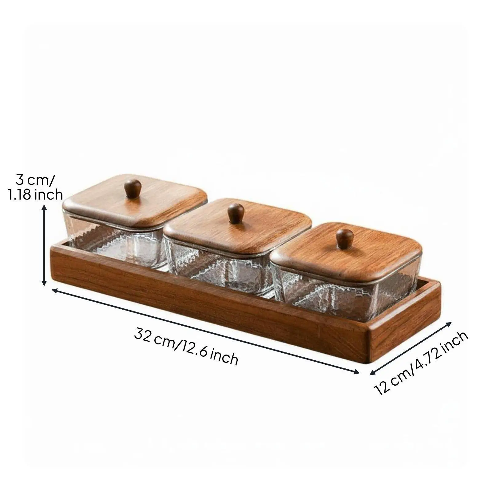 Glass Relish Dish Set with Wooden Tray Keeps Food Fresh & Dustproof Divided