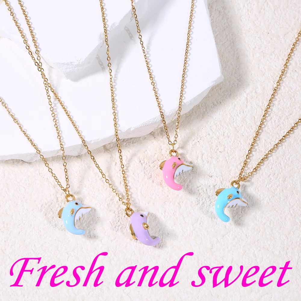 

Cute Dolphin Pendant Necklace Drip Oil Style Titanium Steel Exquisite Fresh and Sweet Women Daily Wear Jewelry Gift Accessories