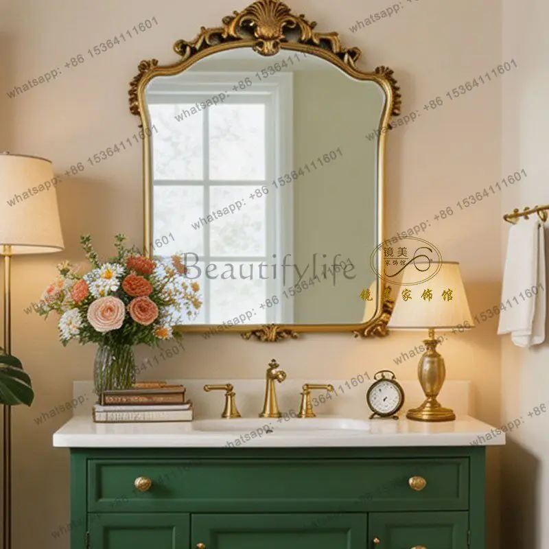 French retro wall-mounted bathroom special-shaped carved makeup mirror living room fireplace decorative mirror