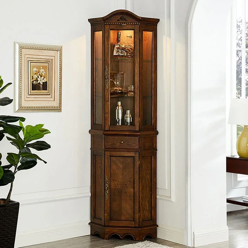 

Американская гостиная из цельного дерева с угловым стеклянным угловым шкафчиком для винного шкафа с лампой