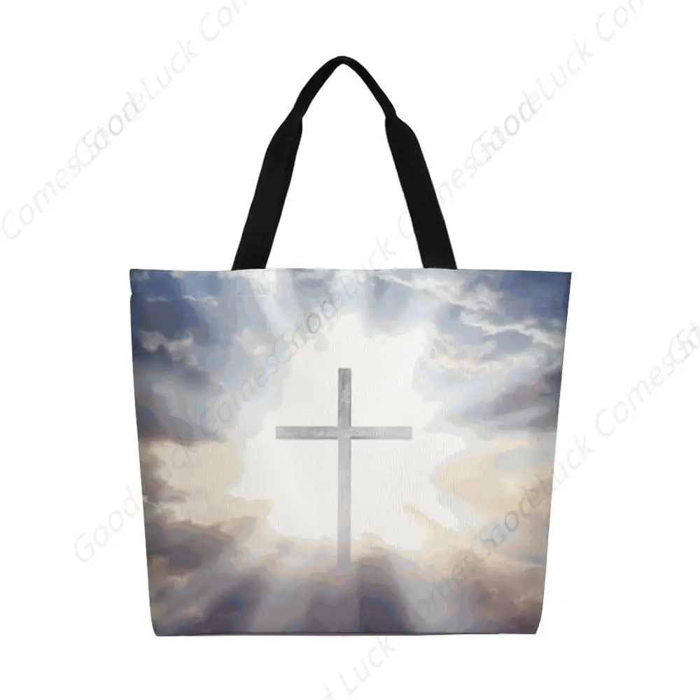 

Pretty Christian Cross Canvas Tote Bag Large Women Casual Shoulder Bag Handbag Reusable Beach Shopping Grocery Bag For Outdoors