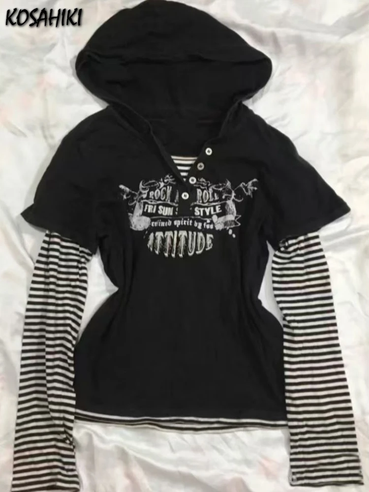 Y2k الجمالية رسالة مقنعين بلايز المرأة شريط المرقعة ملابس الشارع الشهير عادية تيز نمط Preppy الجرونج وهمية قطعتين تي شيرت