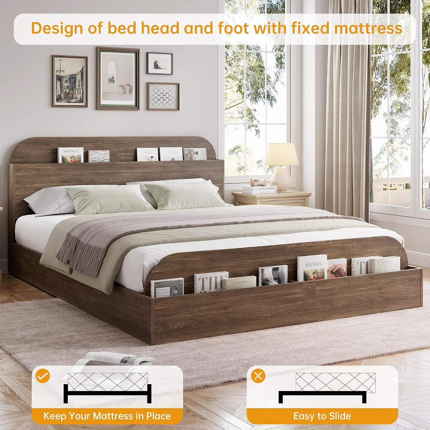 Queen Size Low Platform Bed Frame, Walnut Wood Floor Bedroom Furniture, Customized - view 5