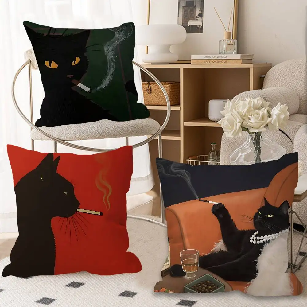 Black Cat Smoking A Cigarette Vintage Cushion Cover Car Throw Pillow Case For Sofa Car Christmas Gift 40x40cm 45x45cm