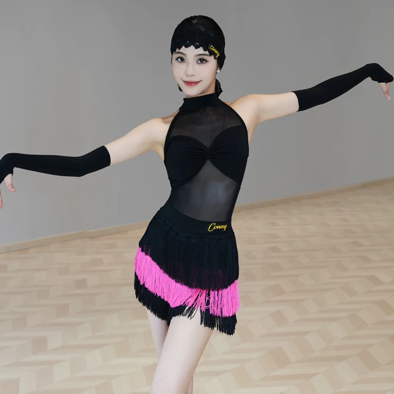 

Женская одежда для латинских танцев чача, женский сетчатый топ для латинских танцев, юбка с бахромой для взрослых, костюмы для латинских танцев самбы, сценическая одежда XS10514