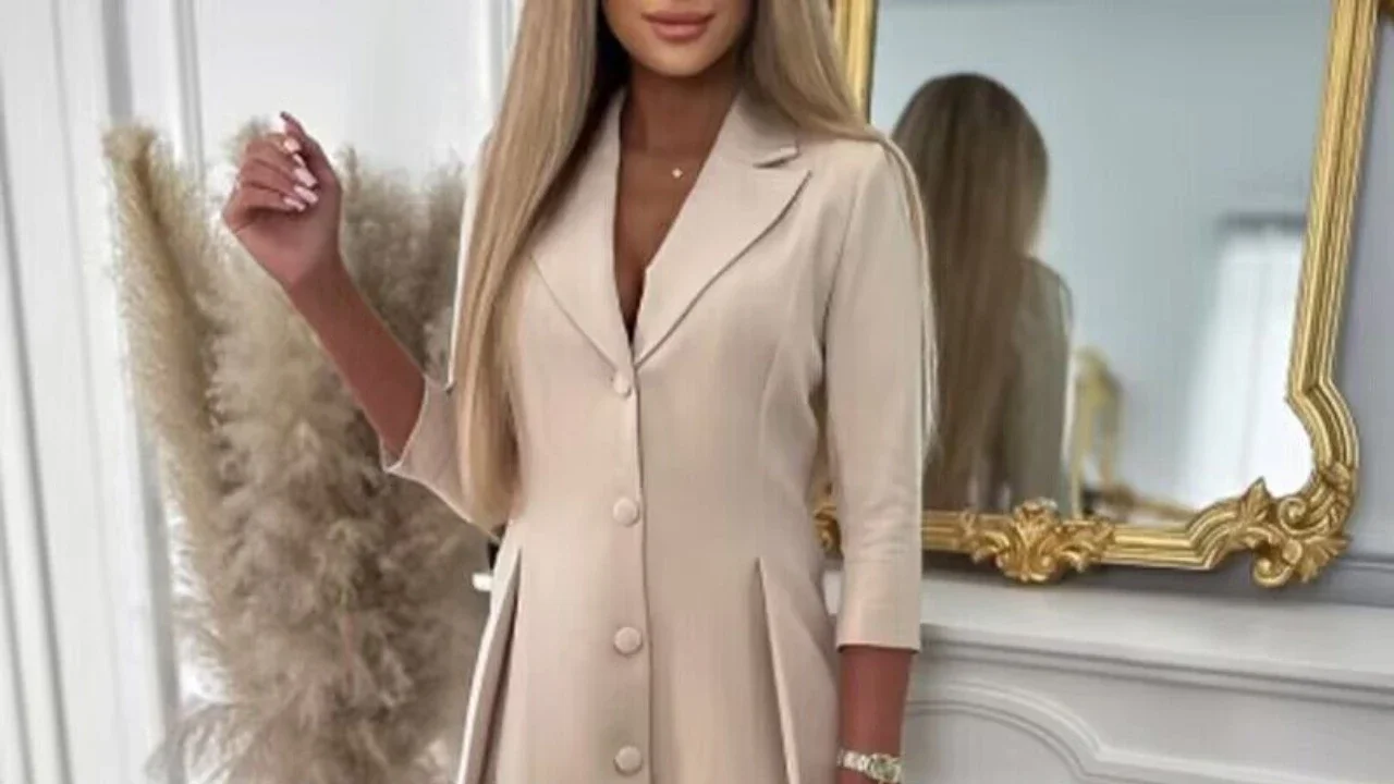 Lapel Neck Button Down Ruched Lace Trim Blazer Dress Women High Waist Solid Color Dress