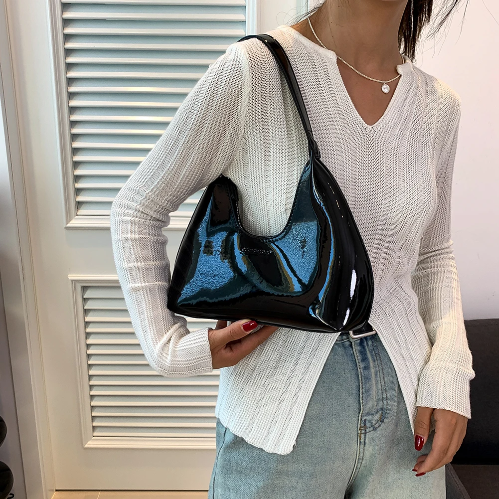 Women Patent Leather Tote Bag Versatile Fashion Shoulder Bag Casual Underarm Bag Zipper Armpit Bag Girl Shopper Purse