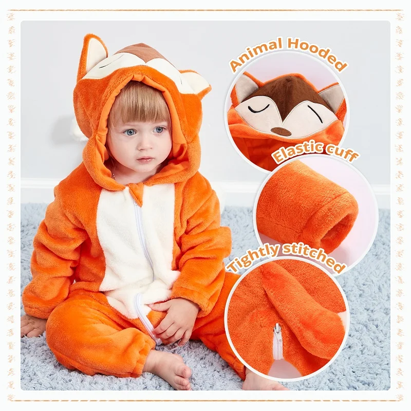 MICHLEY Halloween Fox Baby Rompers Winter Hooded Flannel Toddler Infant Clothes Overall Bodysuits Jumpsuit Costume For Kids Bebe