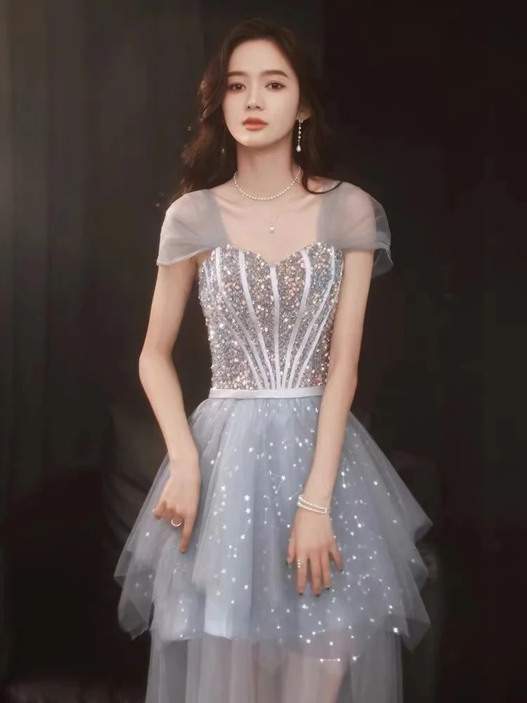 فساتين سهرة زرقاء على شكل حرف a ترتر لامع قبالة الكتف بدون ظهر متدرج بأربطة للولائم الرسمية لضيوف الزفاف وحفلات التخرج رداء حفلات