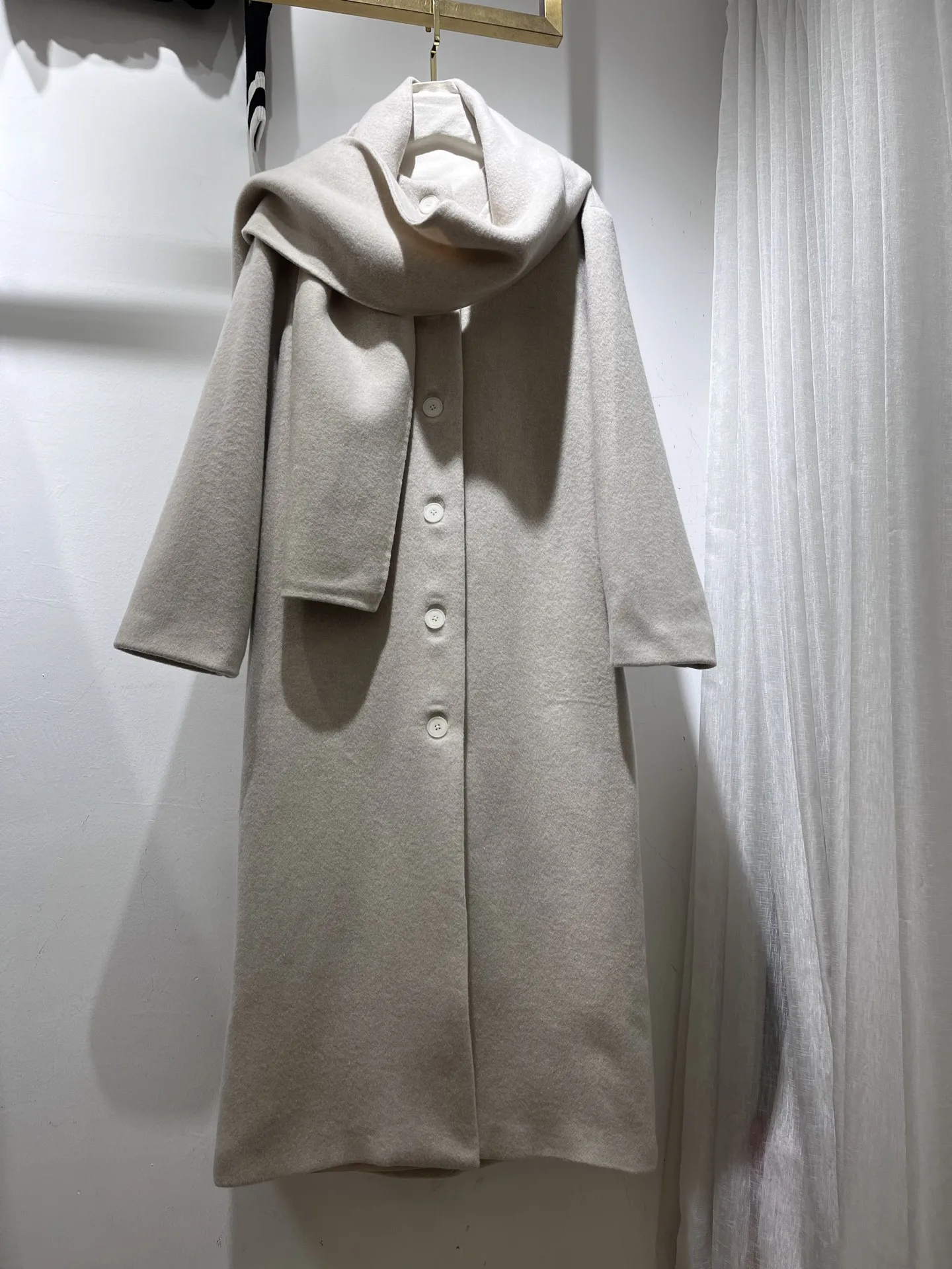 

Женское свободное длинное шерстяное пальто, однобортное однотонное теплое элегантное пальто с круглым вырезом и шарфом