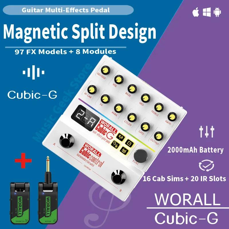 WORALL Cubic G Split-body All-in-One Guitar Effects Pedal 97 Effects 40 Drum Patterns 16 Cab Sims OTG Recording Black Set