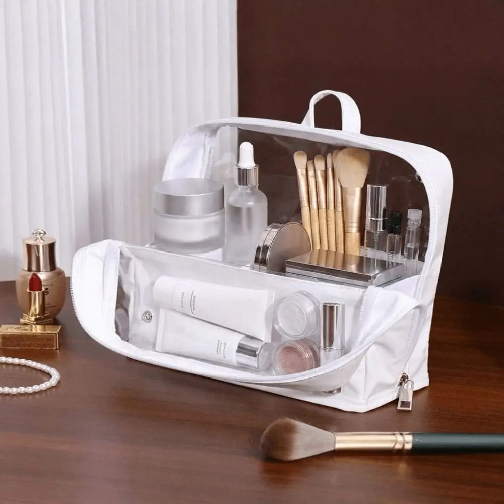 Wasserdichte, transparente Make-up-Tasche, durchsichtiger Reißverschluss, großes Fassungsvermögen, Kosmetiktasche mit Trennwänden und Griff, transparenter Organizer für Toilettenartikel – Detail 6