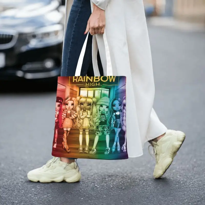 แฟชั่นการพิมพ์สายรุ้งสูงกระเป๋าช้อปปิงแบบพกพา Canvas Shopper กระเป๋าสะพายภาพเคลื่อนไหวการ์ตูนกระเป๋าถือ