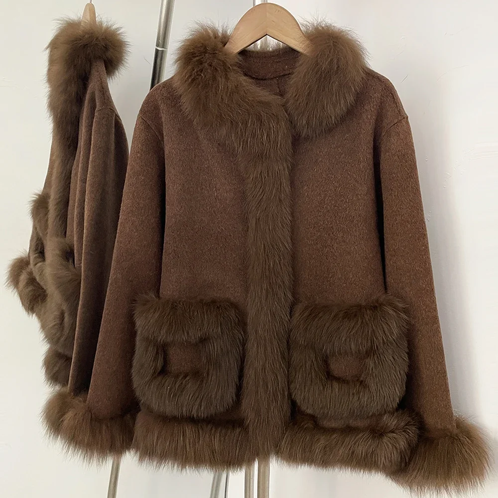 OFTBUY Neue Winter-Wolljacke für Damen, Mittellang, 100% Reine Wolle, mit Echtfuchs-Pelzkragen, Taschen und Saum – Detail 7