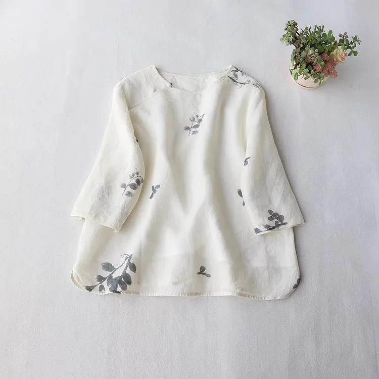 

Retro Chinese Sle Loose Fit Women's irt Summer New Sle Seven Sve Printed Top Artistic Trendy Faion Cotton Blend