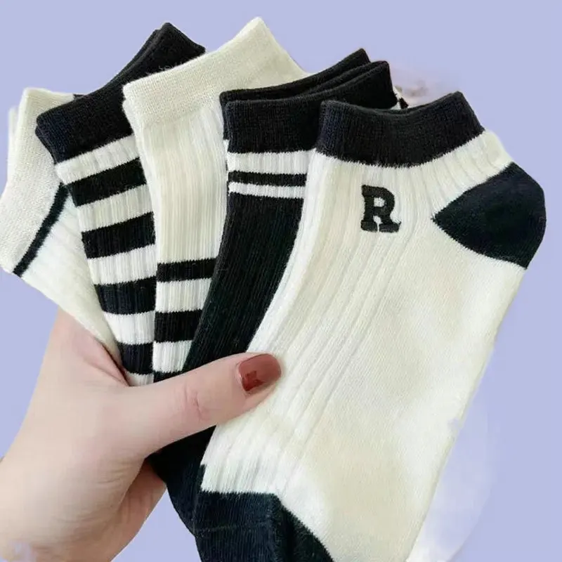 Chaussettes en coton dépistolet ant pour femmes, chaussettes respirantes, absorbant la transpiration, chaussettes à lettres jacquard, été, nouveau, 5/10, 2024 paires