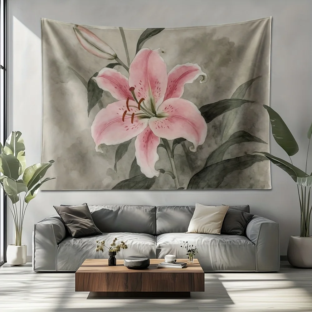 Elegant Watercolor Floral Tapestry Wall Hanging Pink Lily Botanical Art Large Size Decoration for Living Room Home Decor
