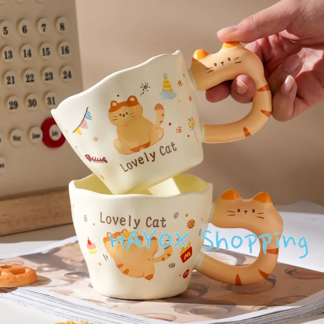 Three-dimensional Cat Handle Ceramic Mug，Cute Cat Doodle Coffee Cup，Office Home Drinking Microwave Ovens Available Drinkware