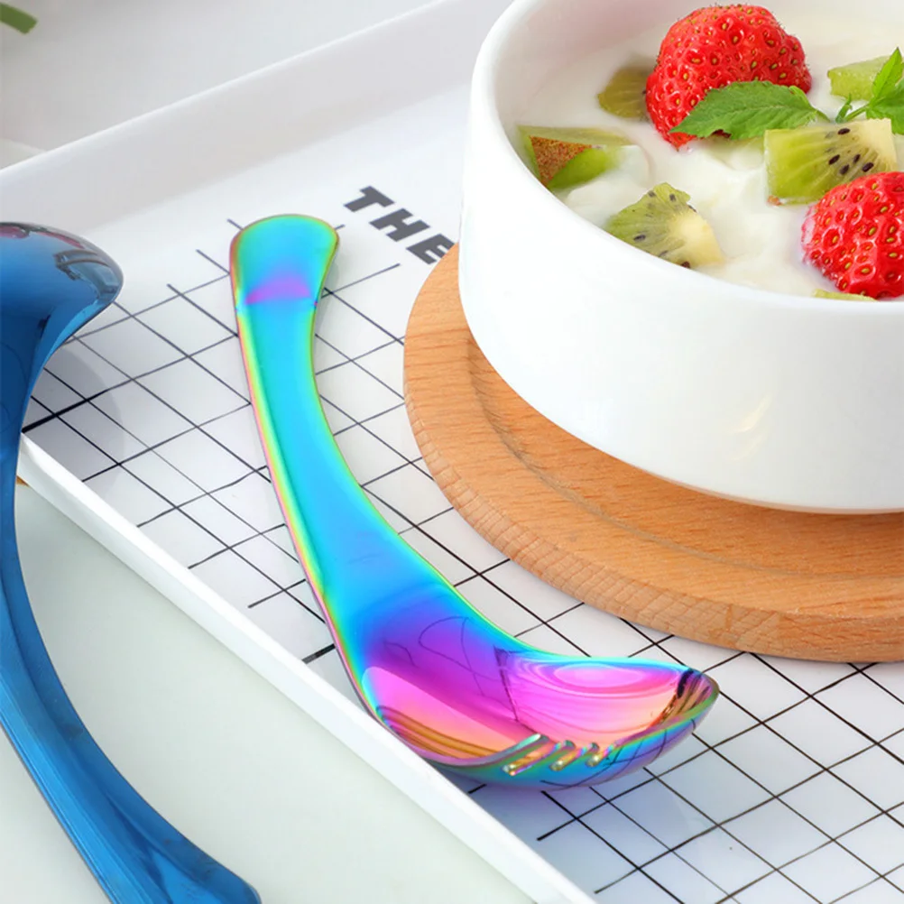 

Stainless Steel Curved Fruit Spoon Blue Polished Smooth Handle Salad Fork Spoon Flatware Home Camping Party Salad Spoons