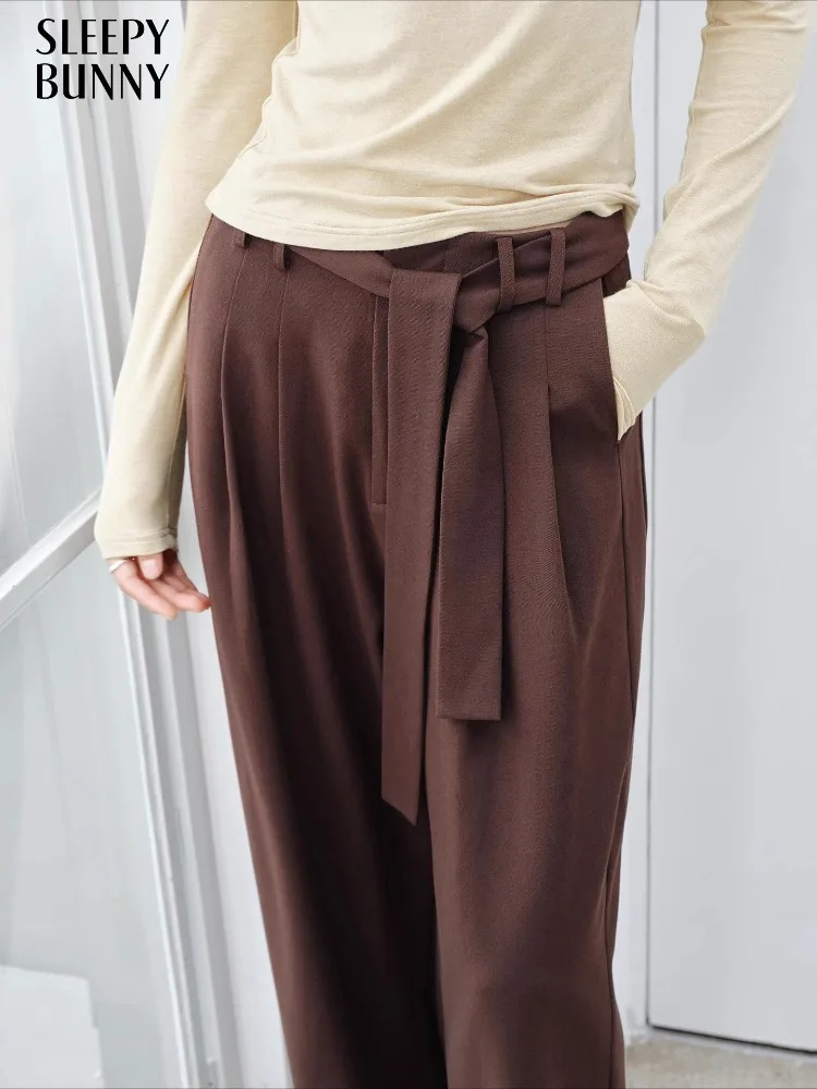 

Elegant High Waist Wide Leg Pants Women Loose Suit Trousers Autumn Straight Relaxed Fit Casual Pleated Pants with Belt Detail