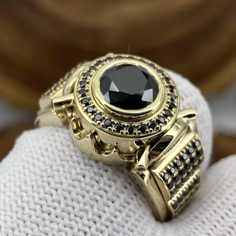 Gorgeous Round Geometry Gold Color Mens Rings Fashion Metal Inlaid Black Stones Ring Jewelry