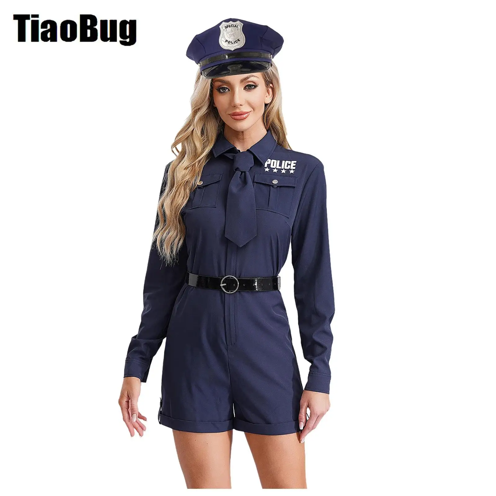 

Women Policewomen Uniform Costume Set Long Sleeve Zipper Bodysuit Cop Jumpsuit with Tie Belt And Hat Role Play Costume