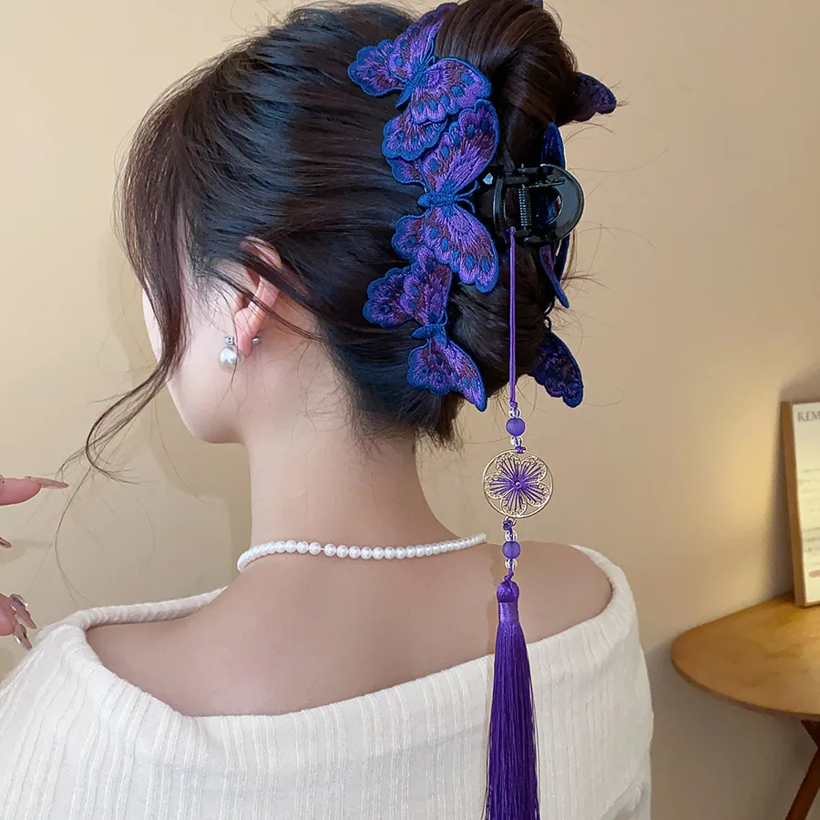 New Chinese Style Blue Embroidery Butterfly Hair Claws Women's Purple Long Flower Tassel Shark Clips Retro Cheongsam Headwear M view 4