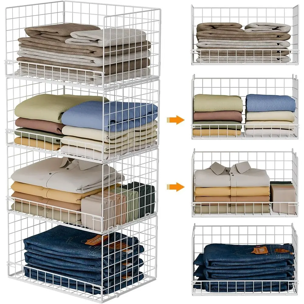 

4-Tier Stackable Closet Organizers and Storage Basket, Space-Saving Clothes Storage System, White