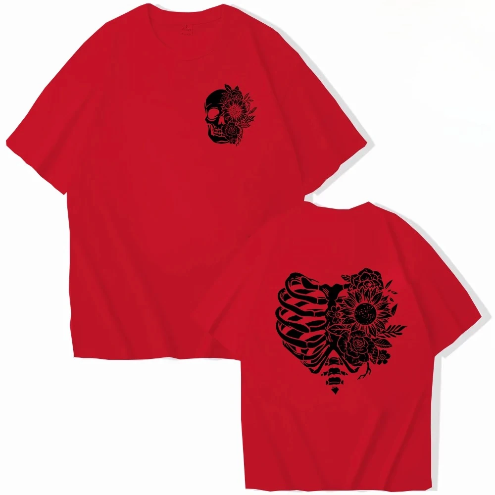 هالوين تي شيرت للنساء الأزهار الهيكل العظمي طباعة المرأة قصيرة الأكمام س الرقبة التي شيرت السيدات السببية قميص الملابس بلايز القوطية قميص #5