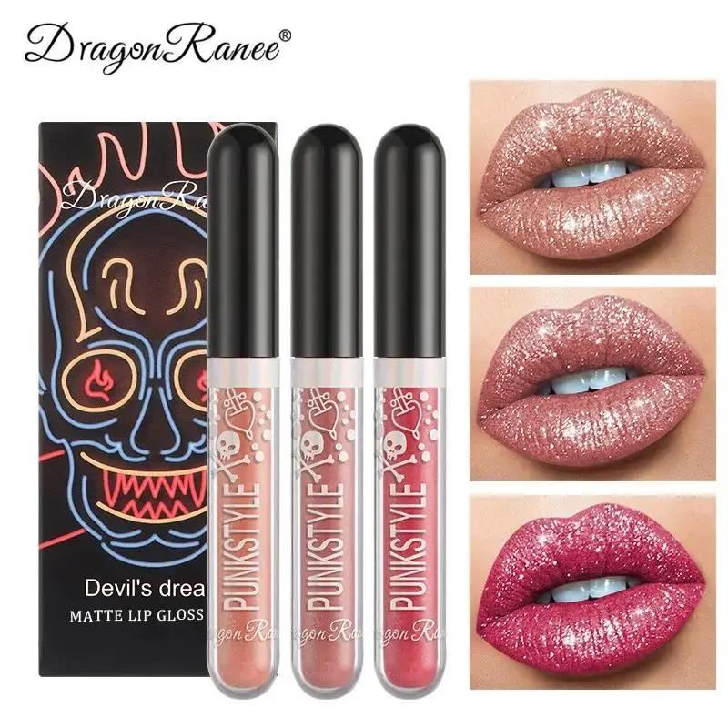 Juego de brillo de labios de Halloween, trío de lápiz labial antiadherente negro púrpura brillante para maquillaje de fiesta, regalo de belleza