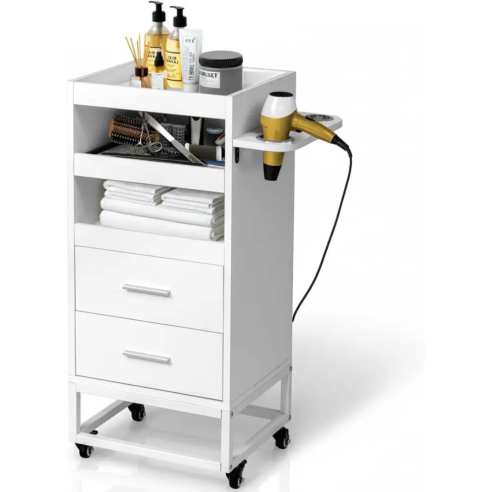 White Rolling Trolley Cart with 2 Drawers, 3 Tool Holders for Mobile Makeup and Hair Styling Stations