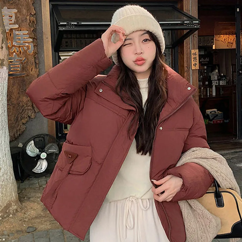 Stand-Up Collar Thicken Warm Parkas Woman Winter  korean pocket Drawstring Jacket ladies Cotton-Padded Loose Puffer Parkas Coat