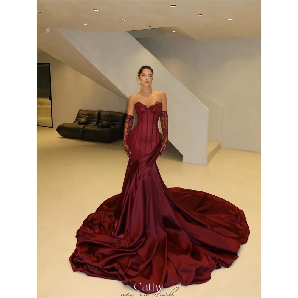 

Cathy на заказ бордовое великолепное асимметричное платье русалки для выпускного вечера с кружевными рукавами, платья de noiva, вечерние платья с королевским шлейфом 2025