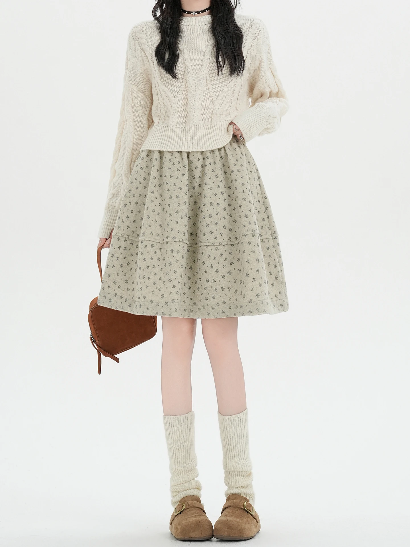 Spódnica damska z wysokim stanem, wełniana, w kwiaty, jesienno-zimowa, elegancka, rozkloszowana, midi, spódnica w kształcie kwiatowego pąka, bufiaste spódnice typu parasol.