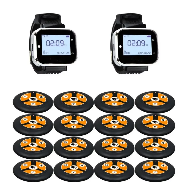 Wireless Paging System Guest Call Waiter Pager 2 Watch Receiver + 16 Call Button Queue System for Restaurant or Cafe