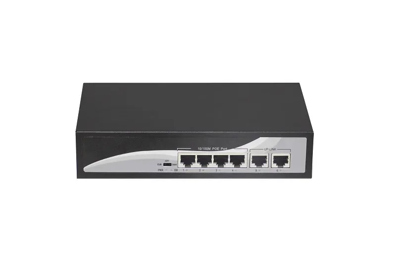 6-port 10/100M switch, of which 1-4 ports support POE, IEEE 802.3af international standard, built-in total power 65W