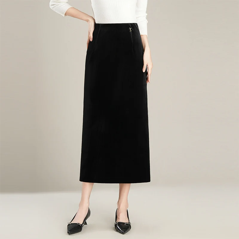 

Gold Velvet Long Straight Tube Skirt Women's Mid-Calf Split Bla Dry Skirt Drapey One-Step High Waist Commute Sle