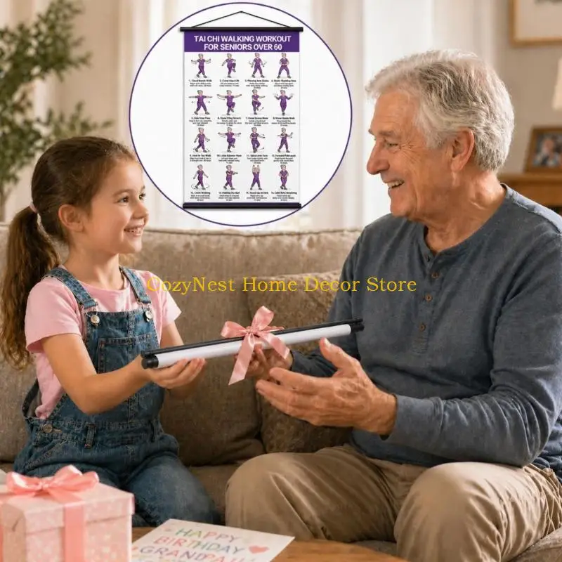 92MF Taiji Walking Workout Guide Poster, Age 60+ Wall Chart with 16 Illustrated Forms