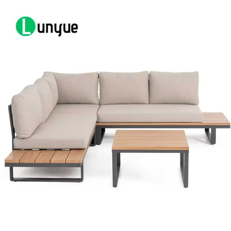 Waterproof L-Shaped Outdoor Sofa Set with Teak Table Garden Corner Sectional Furniture for Terrace Patio Leisure