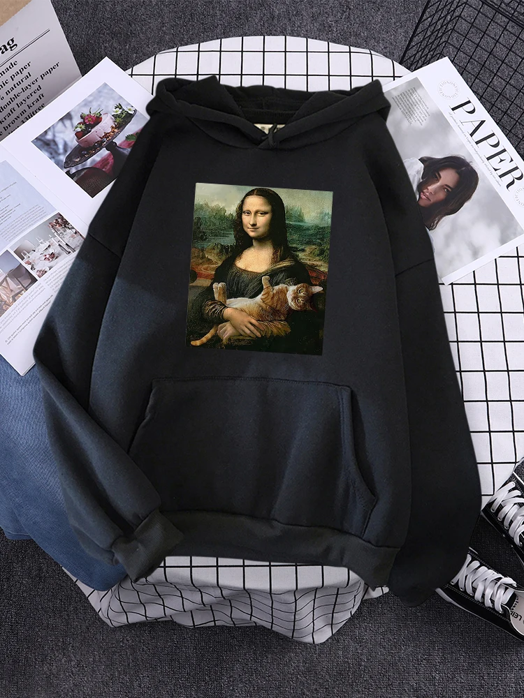 Hoodie Mona Lisa And Cat Hoodies For Women Harajuku Aesthetic Fall  Womens Clothing Oversized Oversized Sweatshirt Female