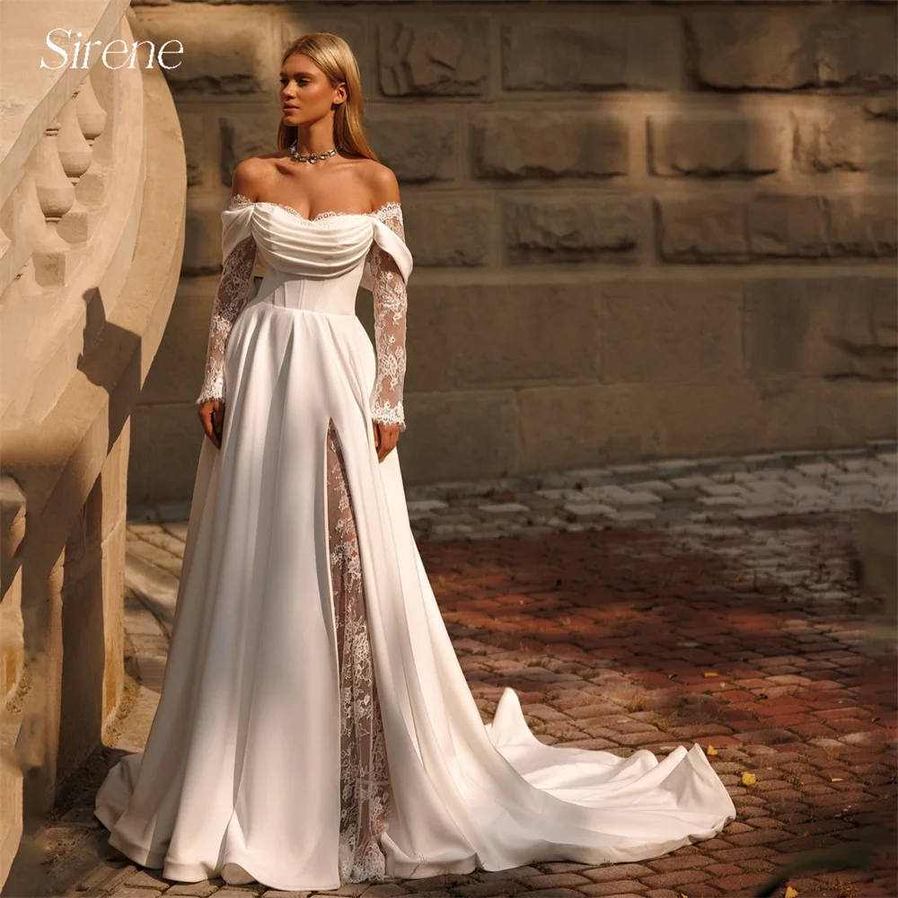 

Sirene Long Lace Sleeves Off The Shoulder Wedding Dress 2025 Pleat Split A-Line Open Back Bride Gown Vestido De Noiva Customized