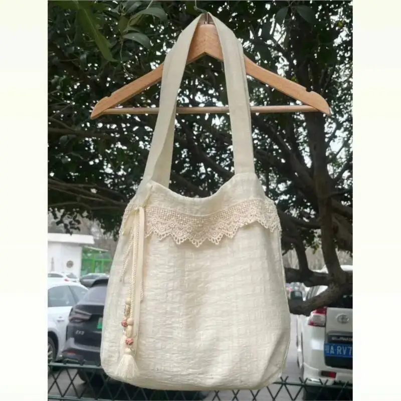 Bloom Haruku Beige Canvas Shoulder Bags Women Vintage Lace Large Capcity Tote Bag Purse Female Versatile Casual Handbag Y2k