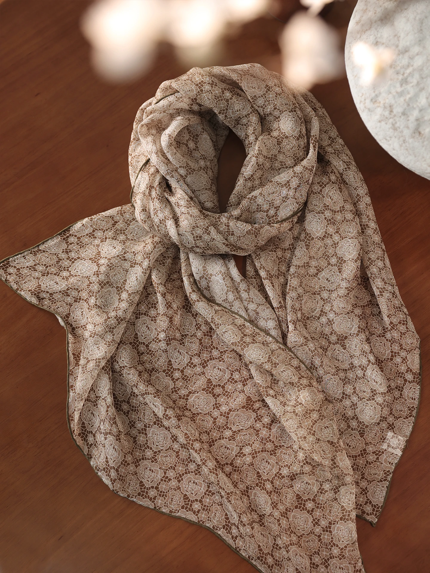 

KALIIYA Vintage Coffee Rose Silk Print Long Scarf 100 Silk Bubble Gauze Shawl Shoulder Wrap Elegant Casual Accessory
