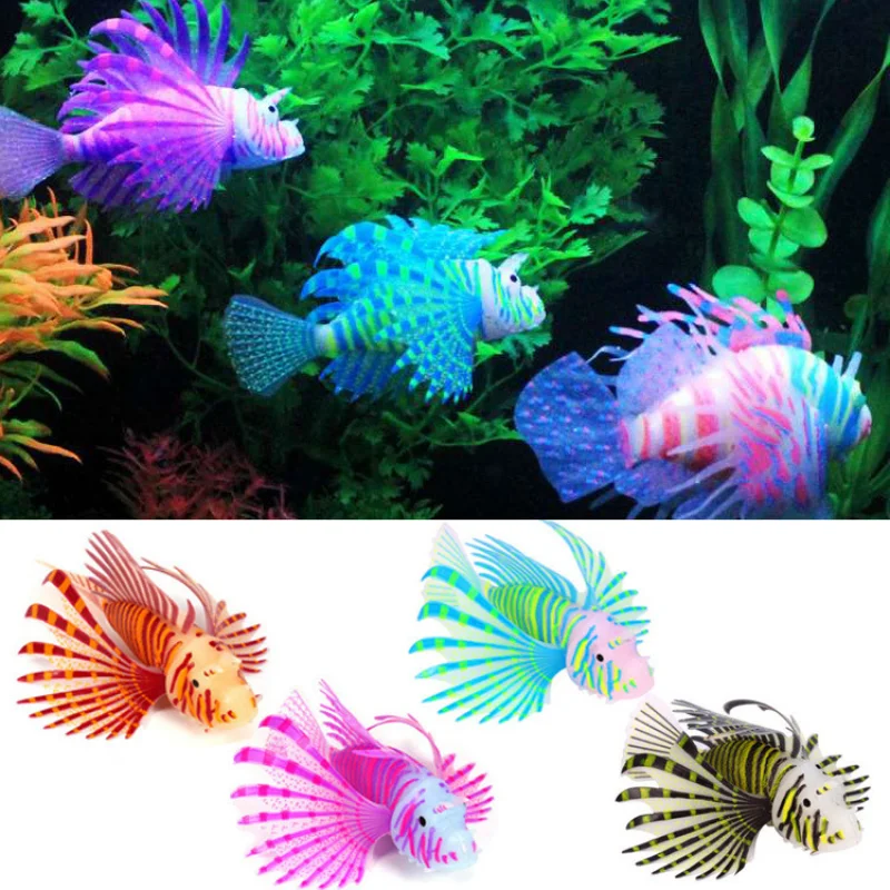 Aquarium Artificial Luminous Lionfish Fish Tank Landscape Silicone Fake Fish Floating Glow In Dark Ornament Home Decoration